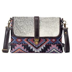 Western/Boho Patterned Crossbody Bag with Faux Fur Flap - Multicolor